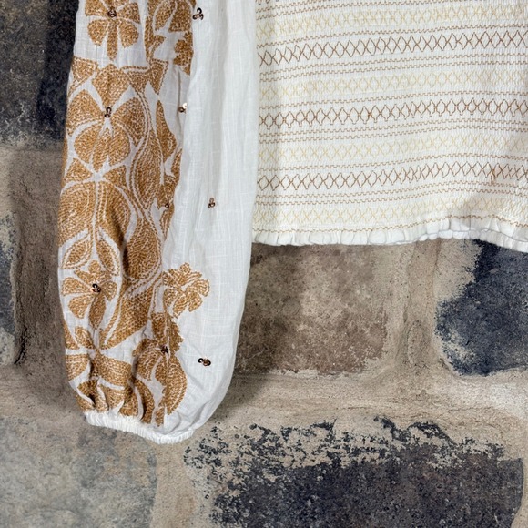 Anthropologie White‎ Gold Floral Embroidered Smocked Cropped Square Neck Top S - Picture 10 of 12